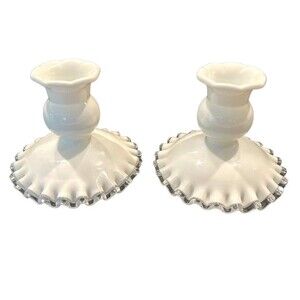 Vintage FENTON Silver Crest Milk Glass Candle Holder (Set of 2) ~ 3.5”h